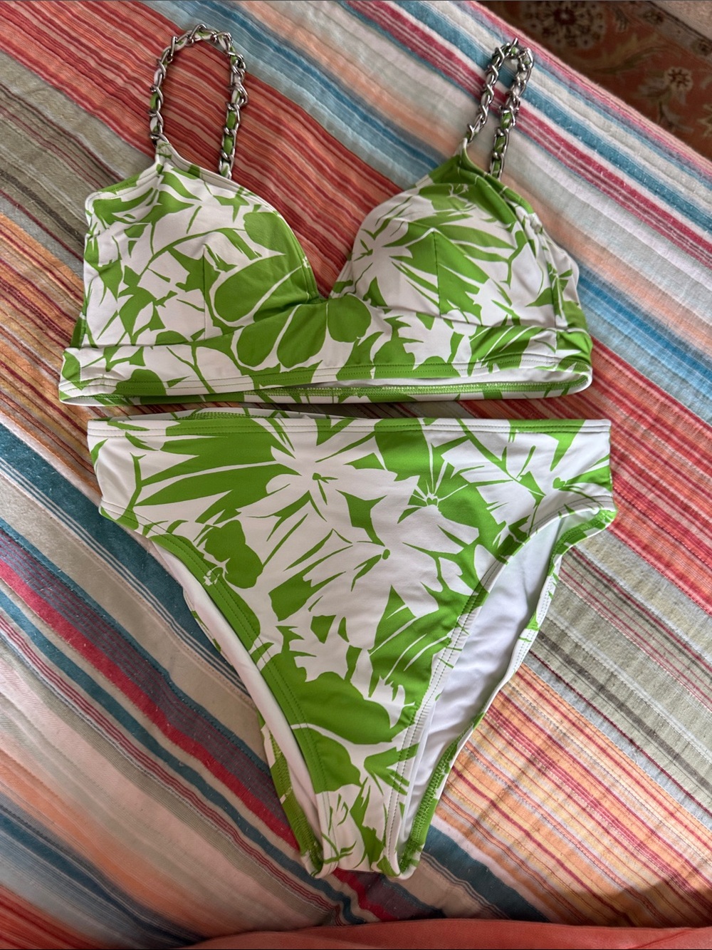 Michael Kors Green and White Tropical Print Bikini Set